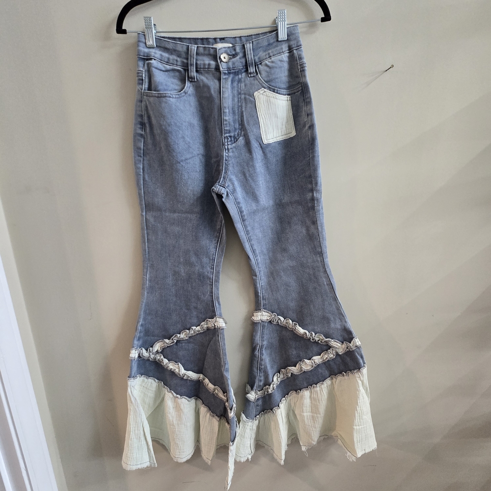 POL
Boho Ruffle Patchwork Flare Jeans High Rise Distressed Denim Bell Bottoms - Picture 2 of 8